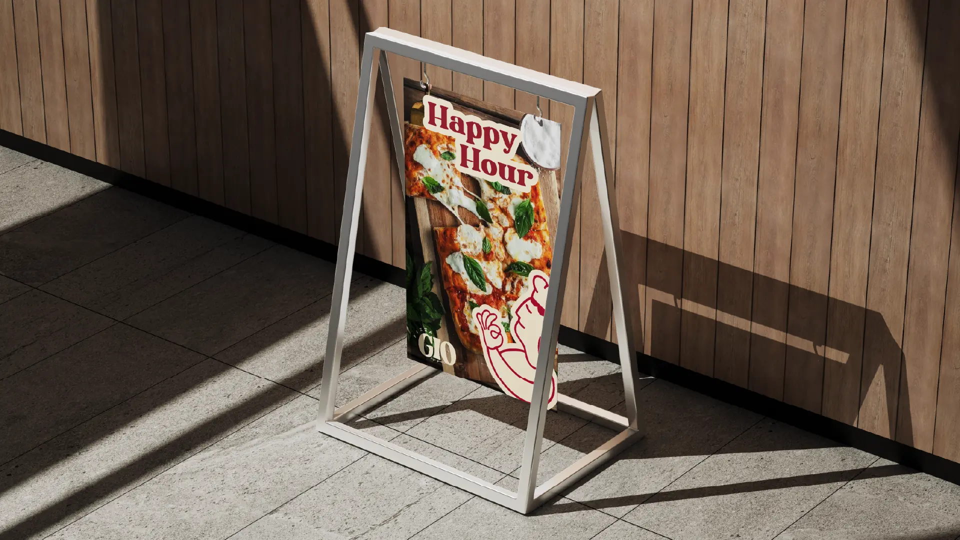 Pizza Gio happy hour A-frame pavement sign