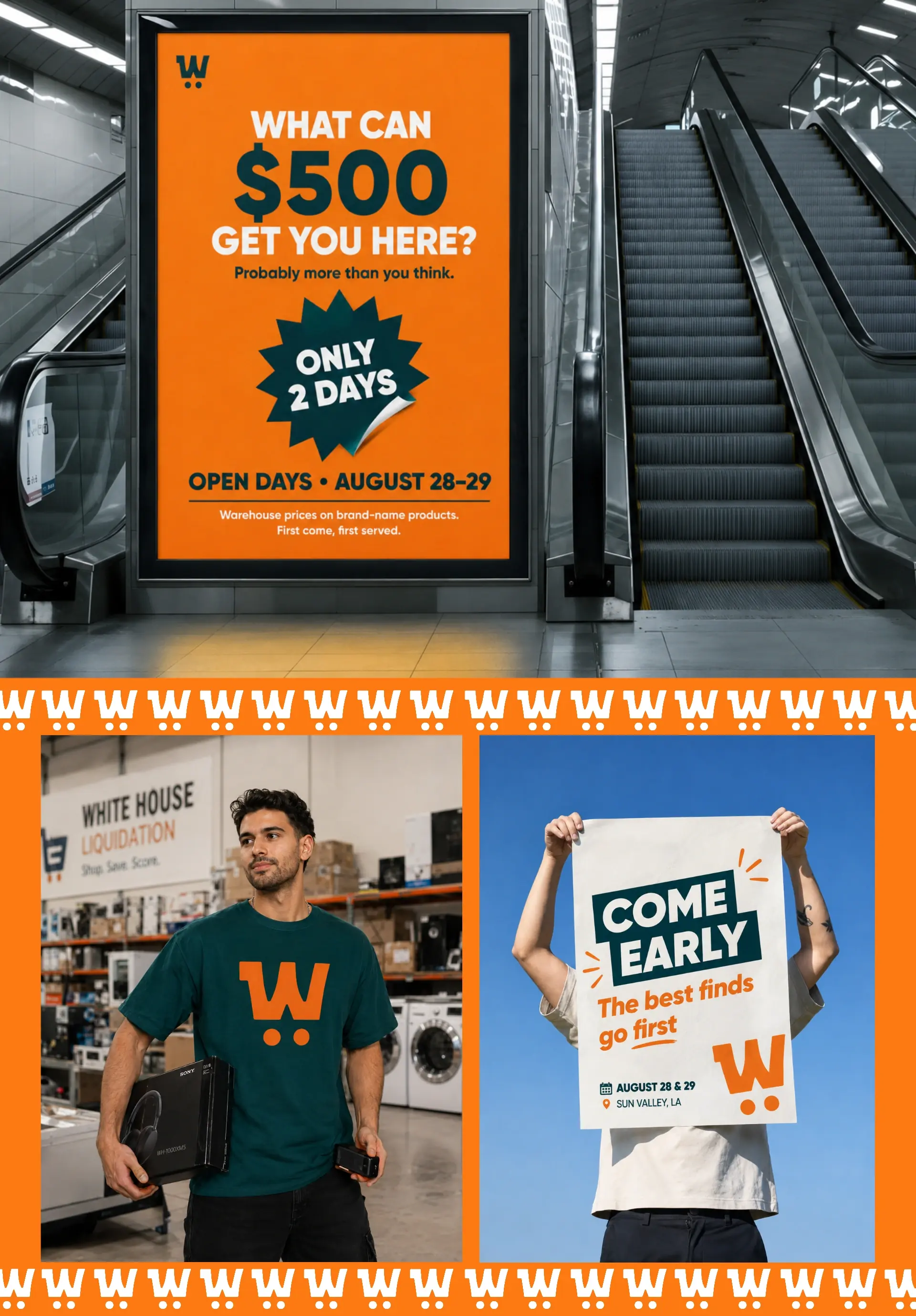 White House Liquidation open-days posters and in-store signage