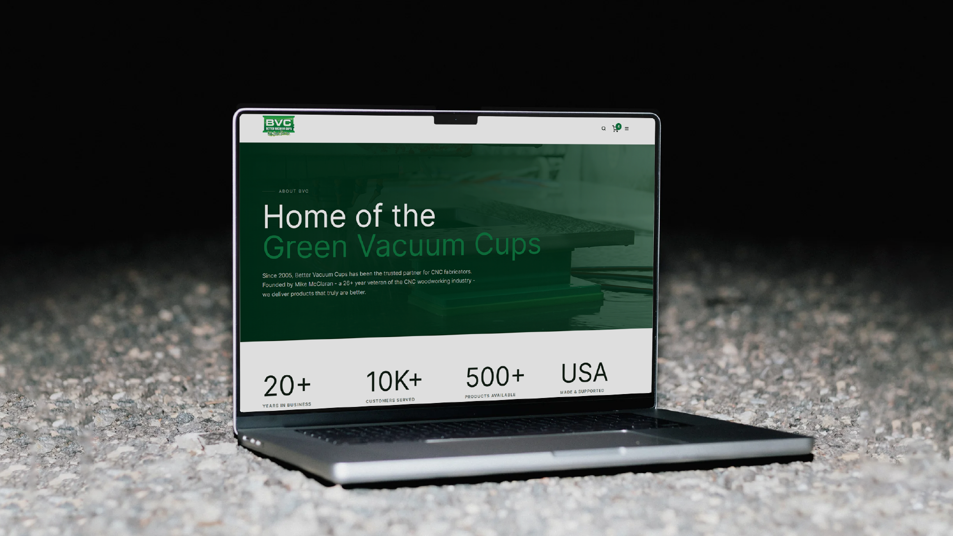 Better Vacuum Cups redesigned homepage on a laptop