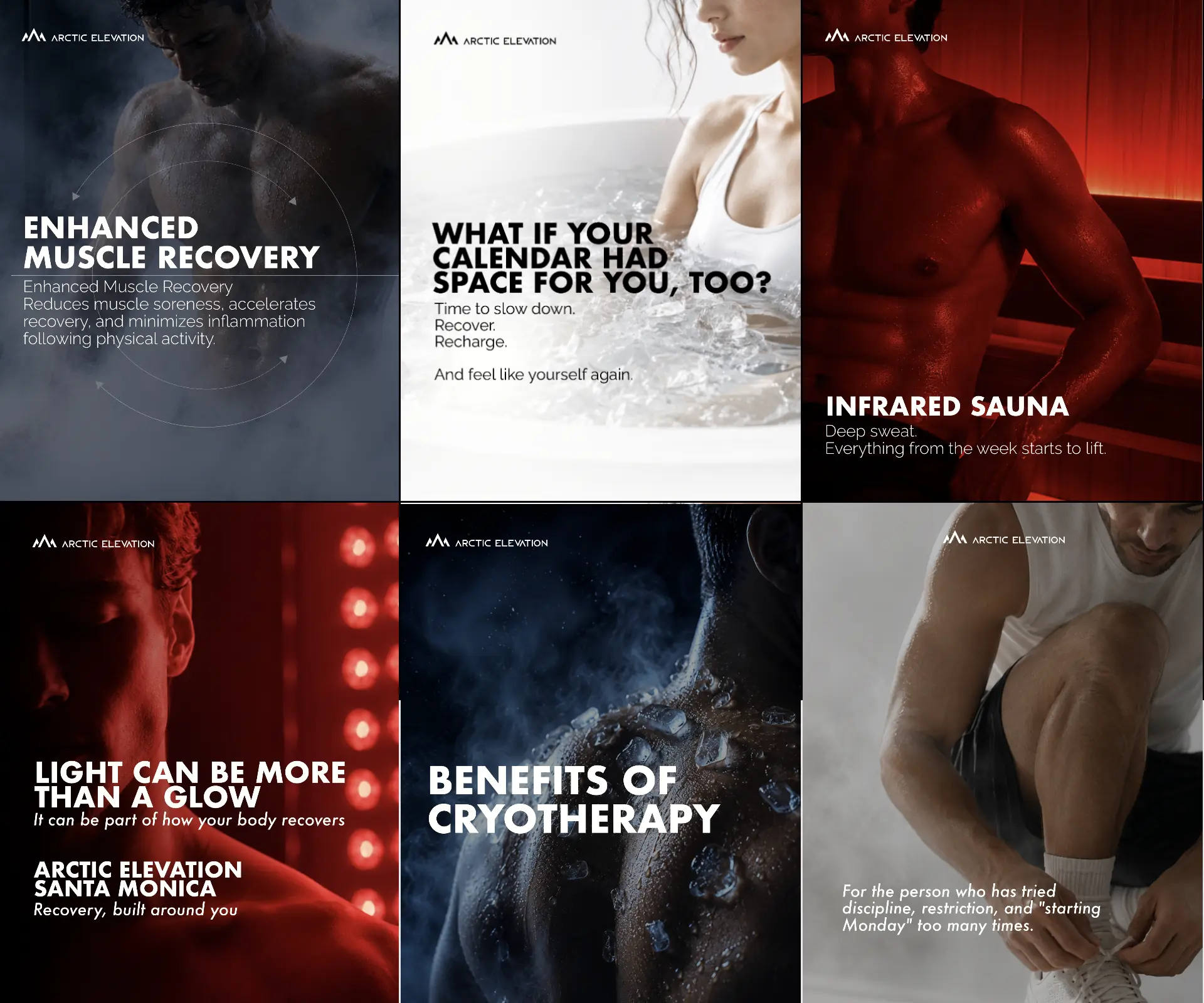 Arctic Elevation social posts for muscle recovery, infrared sauna and cryotherapy