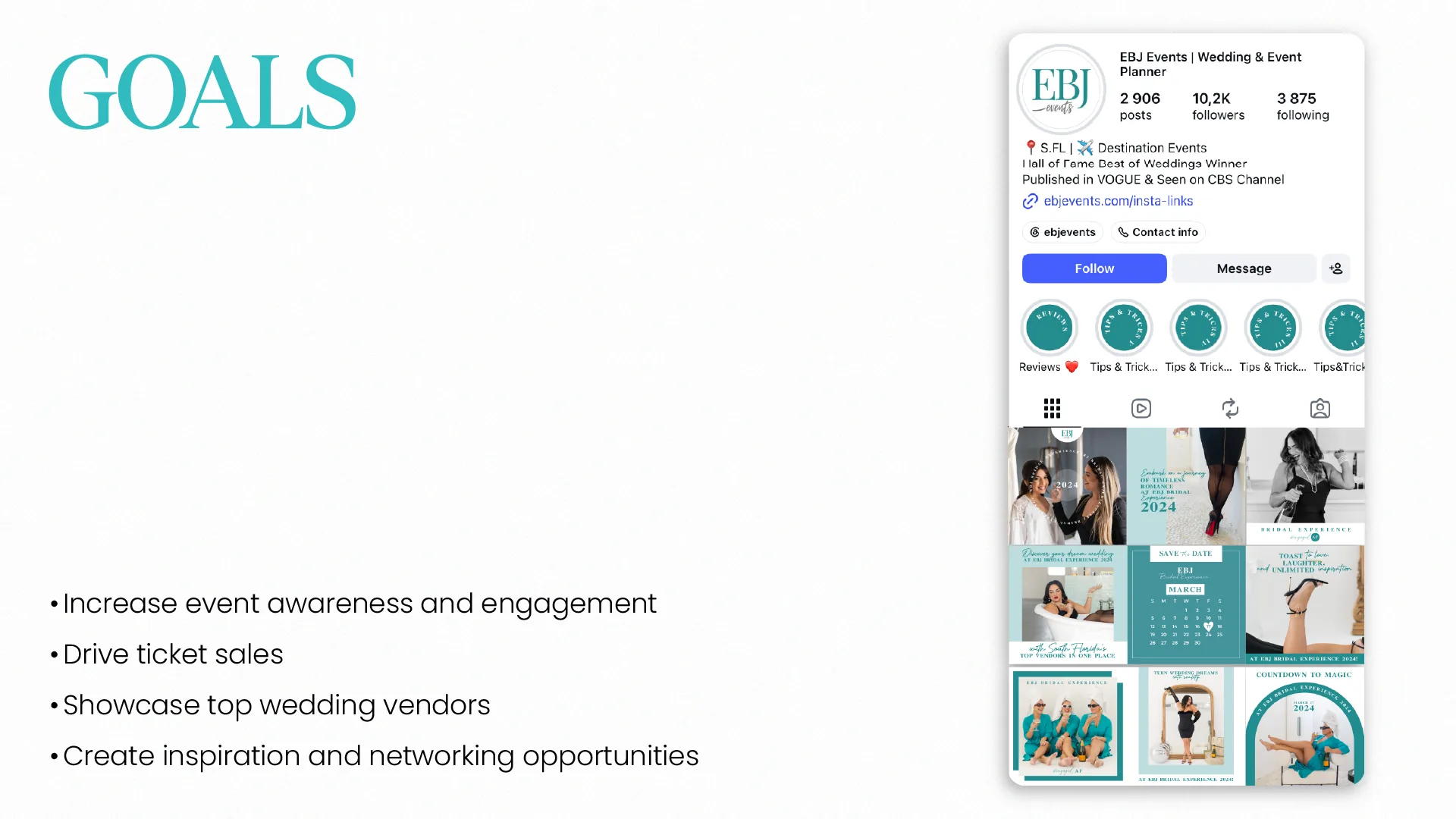 Campaign goals shown beside the EBJ Events Instagram profile