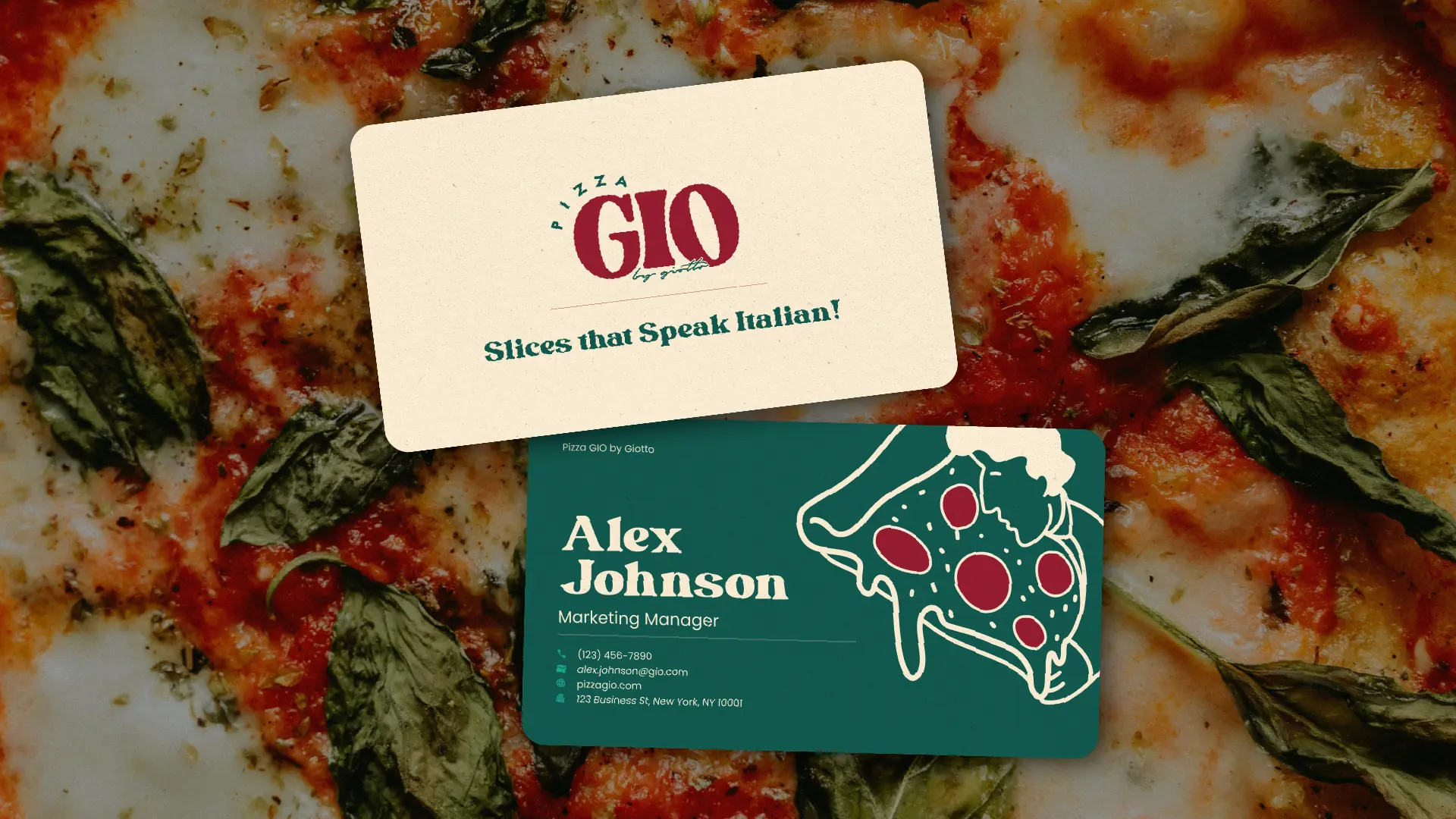 Pizza Gio business cards over a margherita pizza