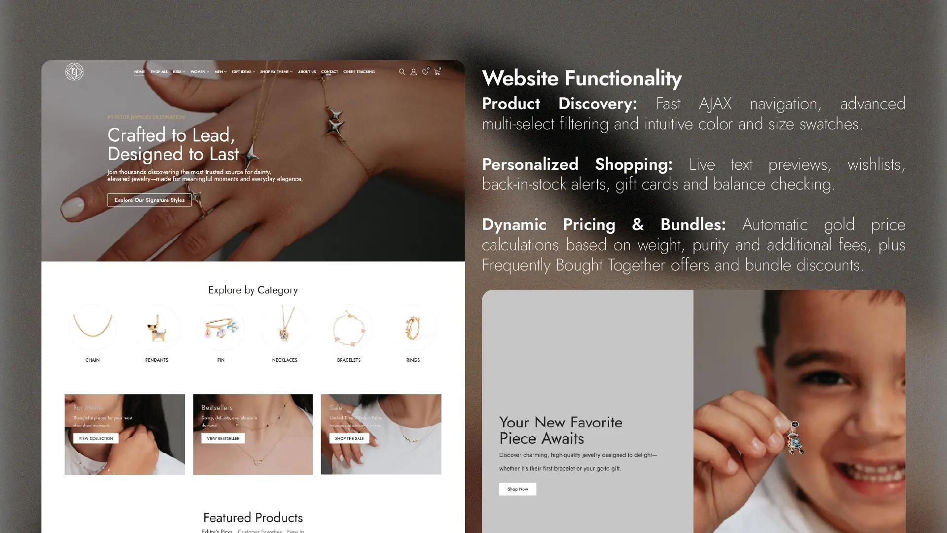 Kids Jewelry homepage design and website functionality highlights