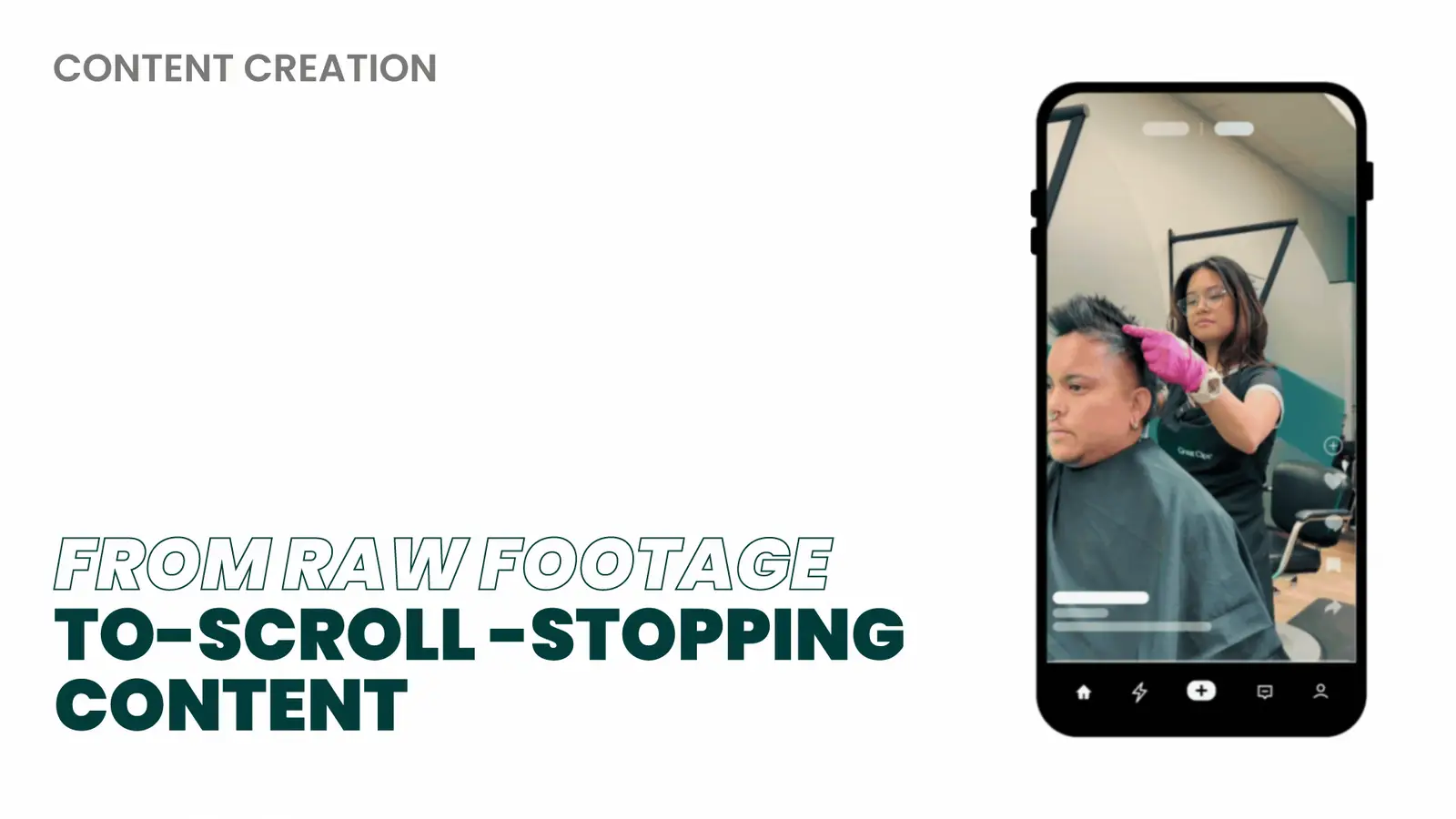 Content creation: raw salon footage turned into scroll-stopping Reels, shown on a phone mockup