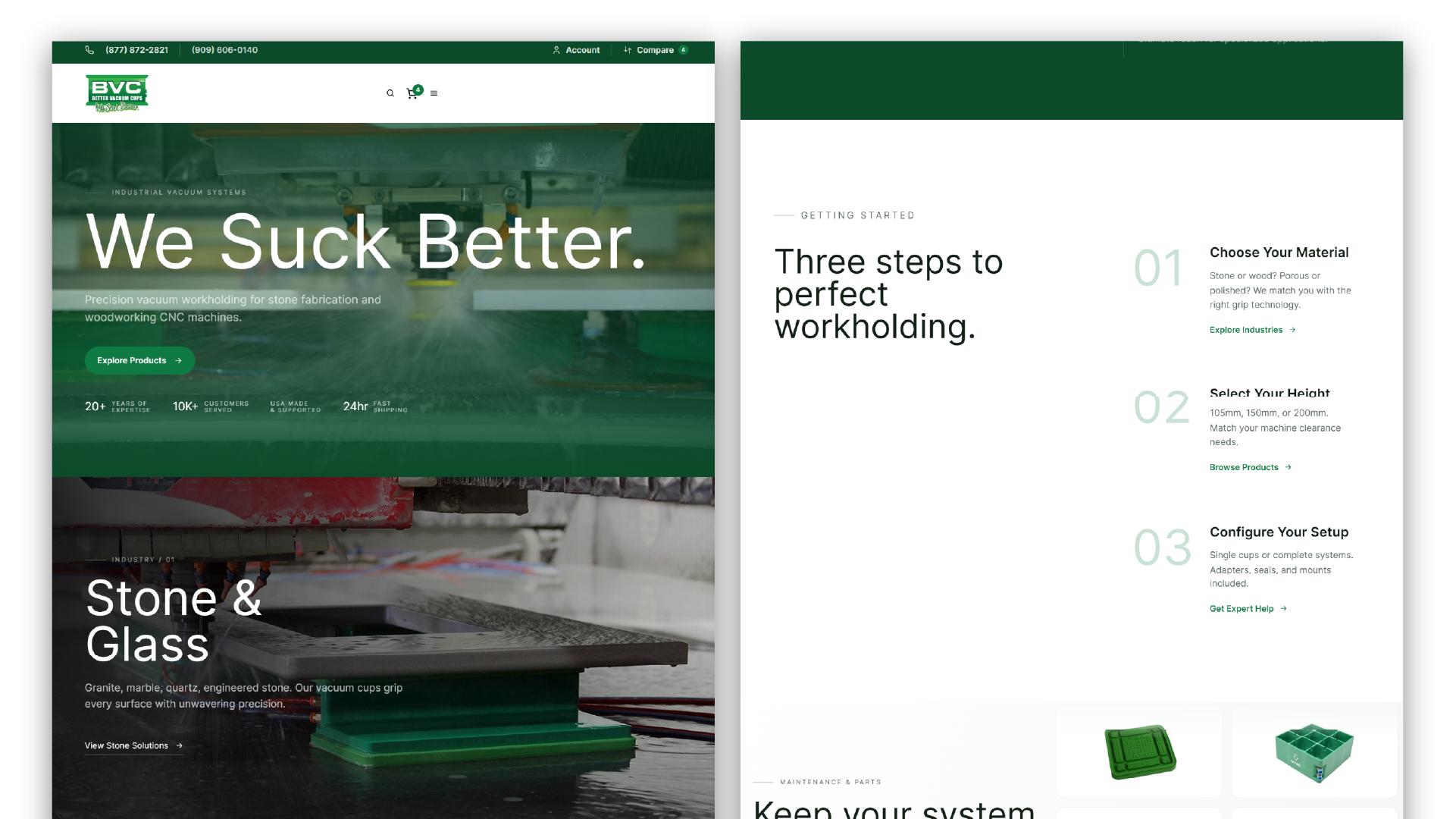 Better Vacuum Cups homepage and product category layouts