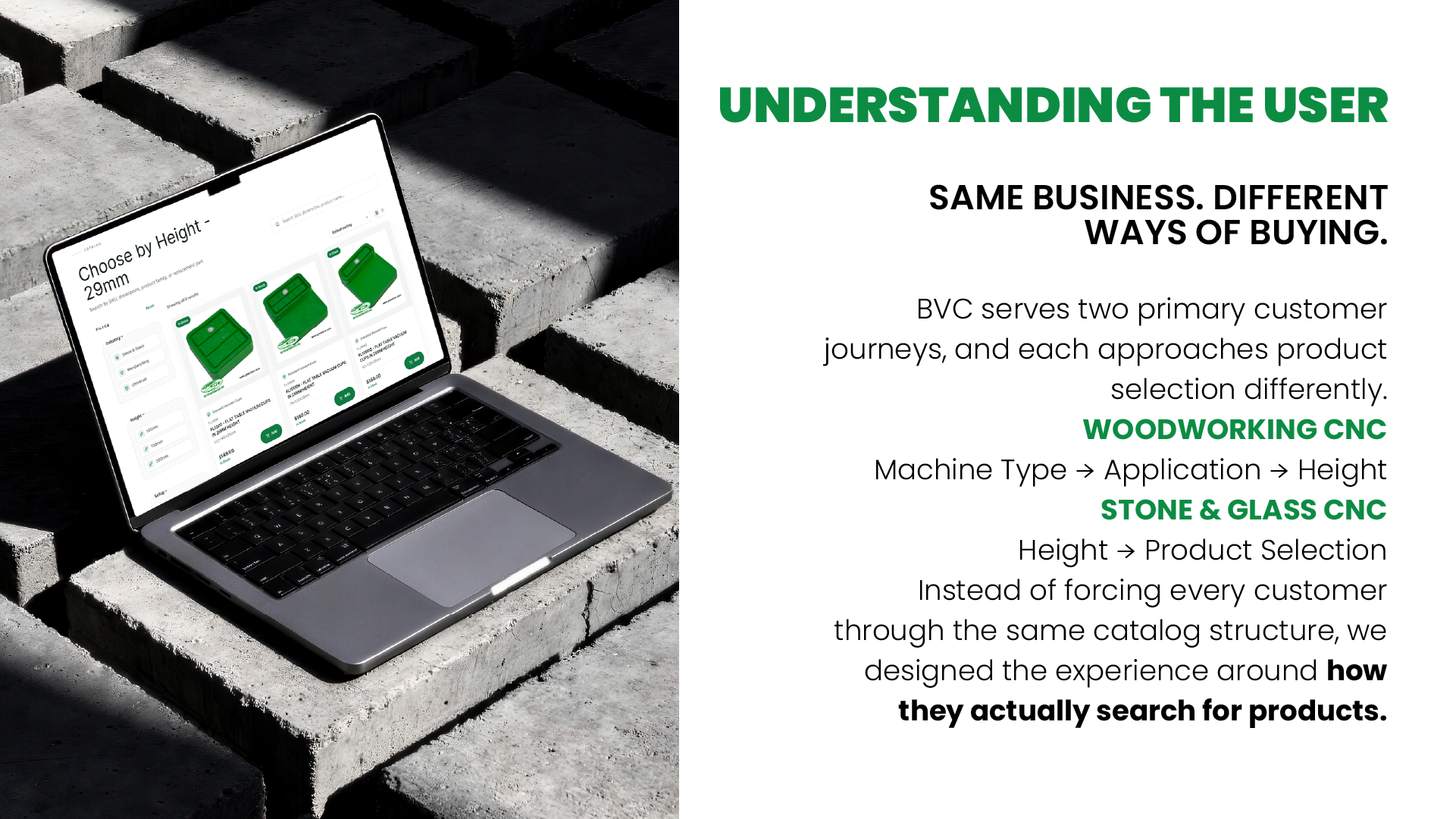 Better Vacuum Cups user journeys for woodworking and stone-and-glass CNC customers