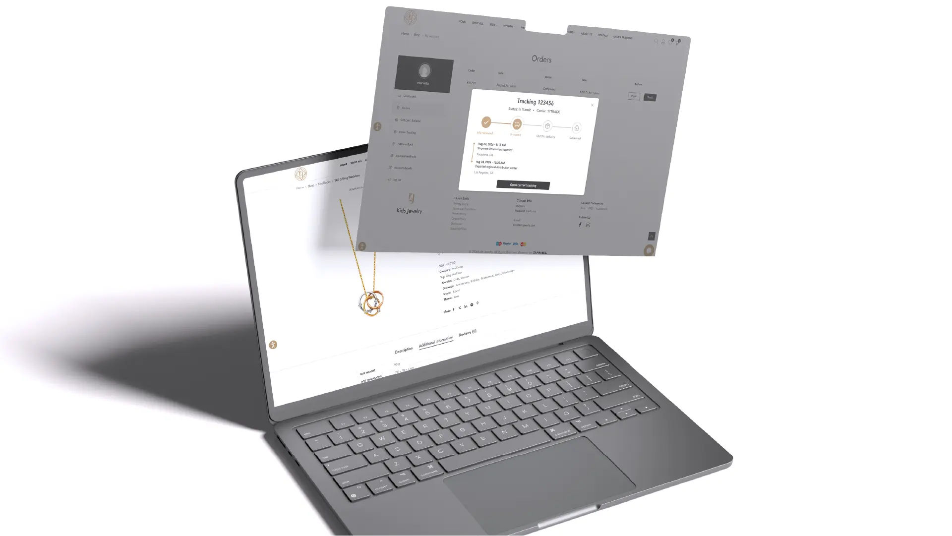 Kids Jewelry customer account with live order tracking