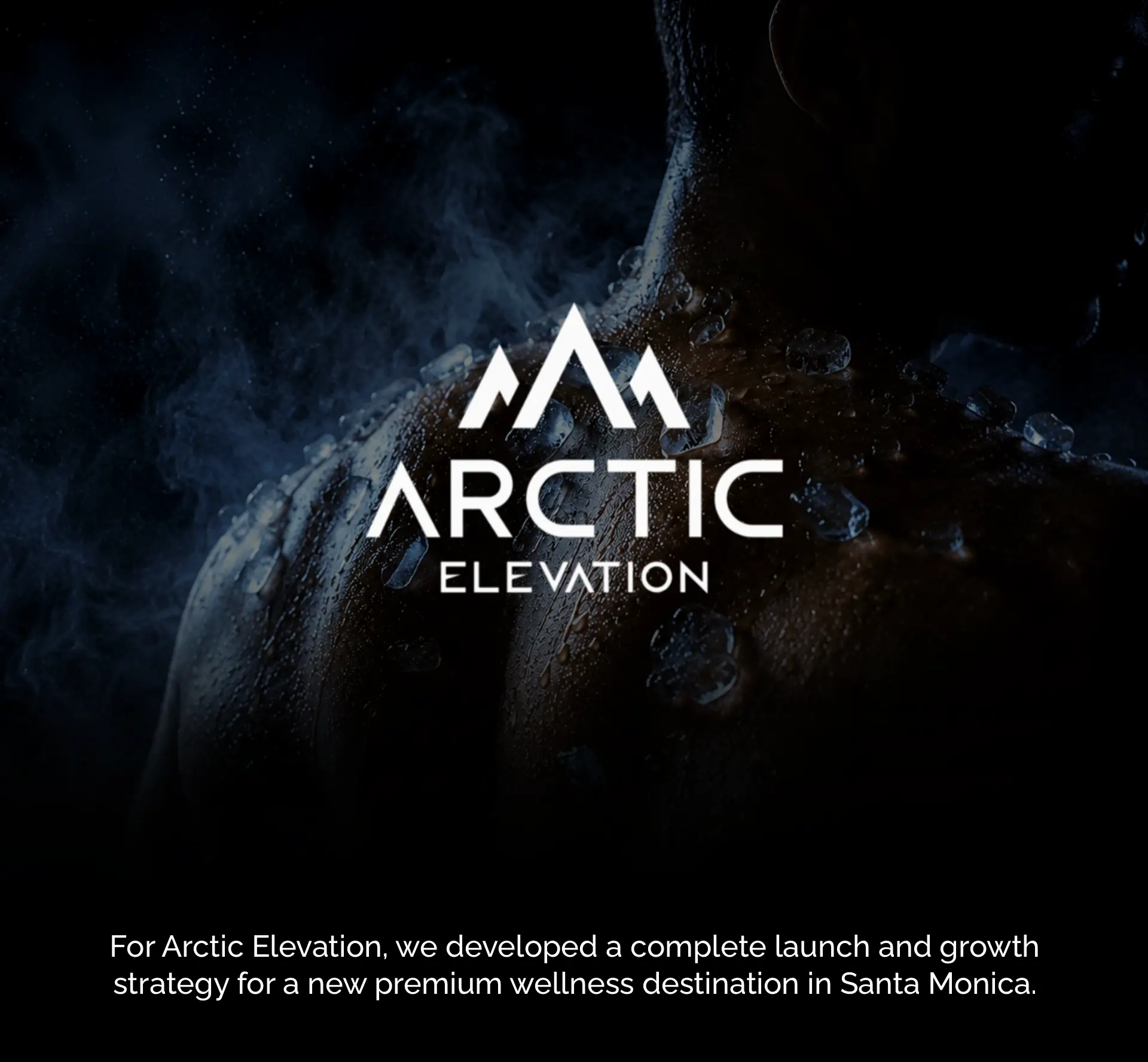 Arctic Elevation logo over an ice-covered shoulder in cold vapor
