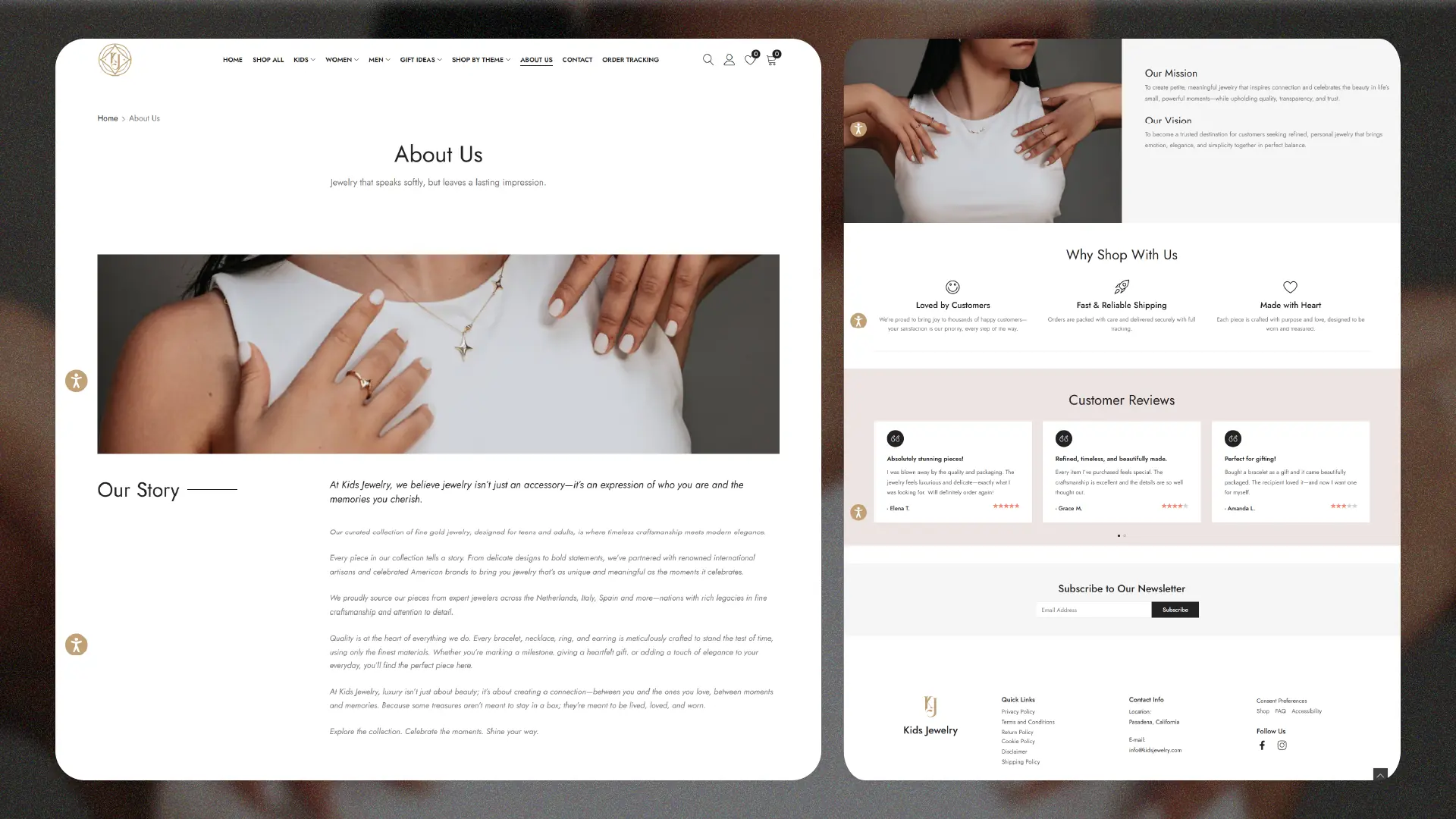 Kids Jewelry About Us page design with brand story and customer reviews