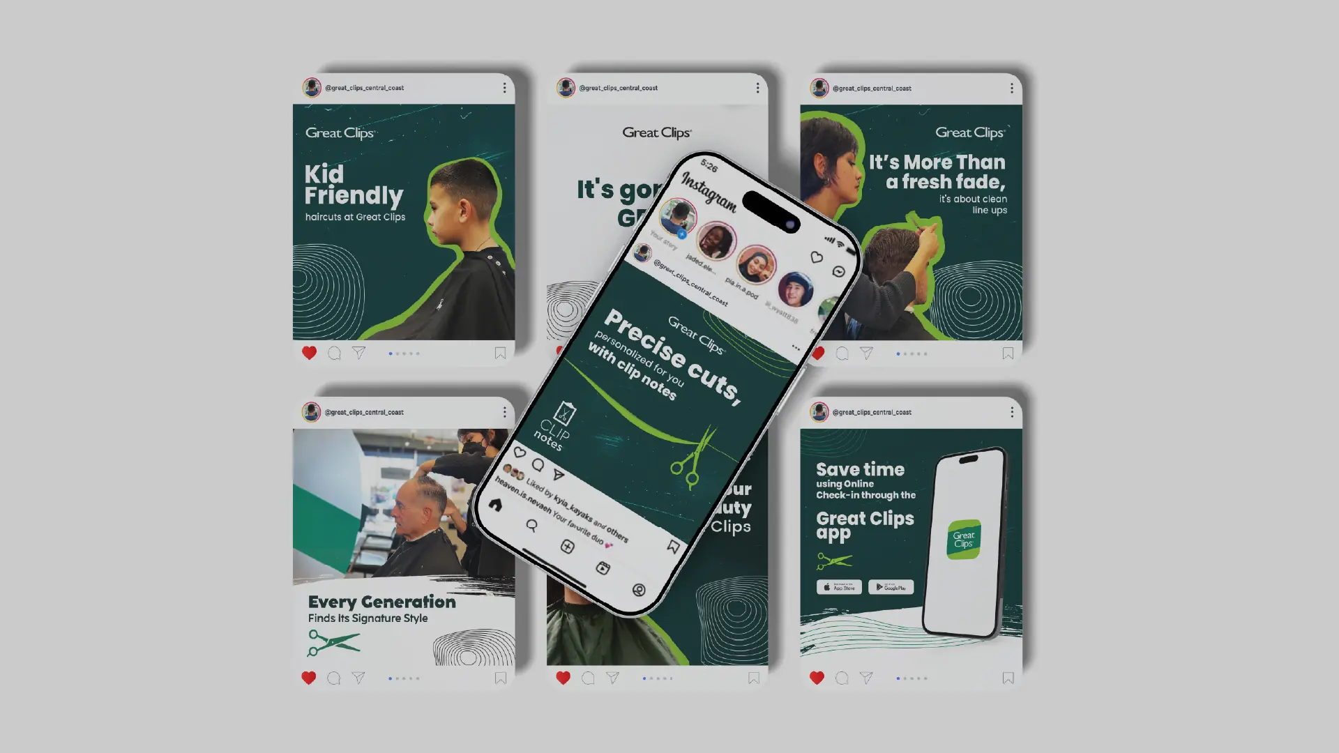 Great Clips Instagram posts: kid-friendly cuts, precise cuts with Clip Notes, online check-in through the Great Clips app