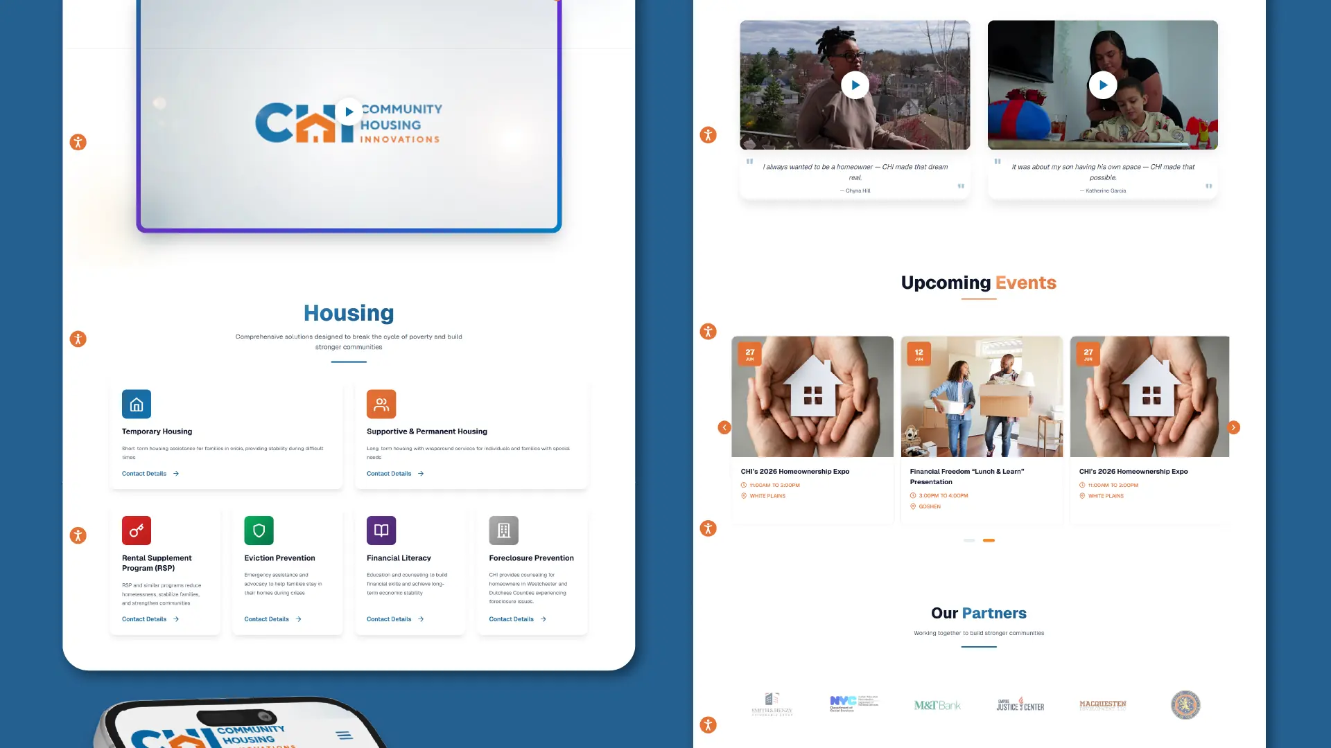 Community Housing Innovations housing programs and upcoming events sections