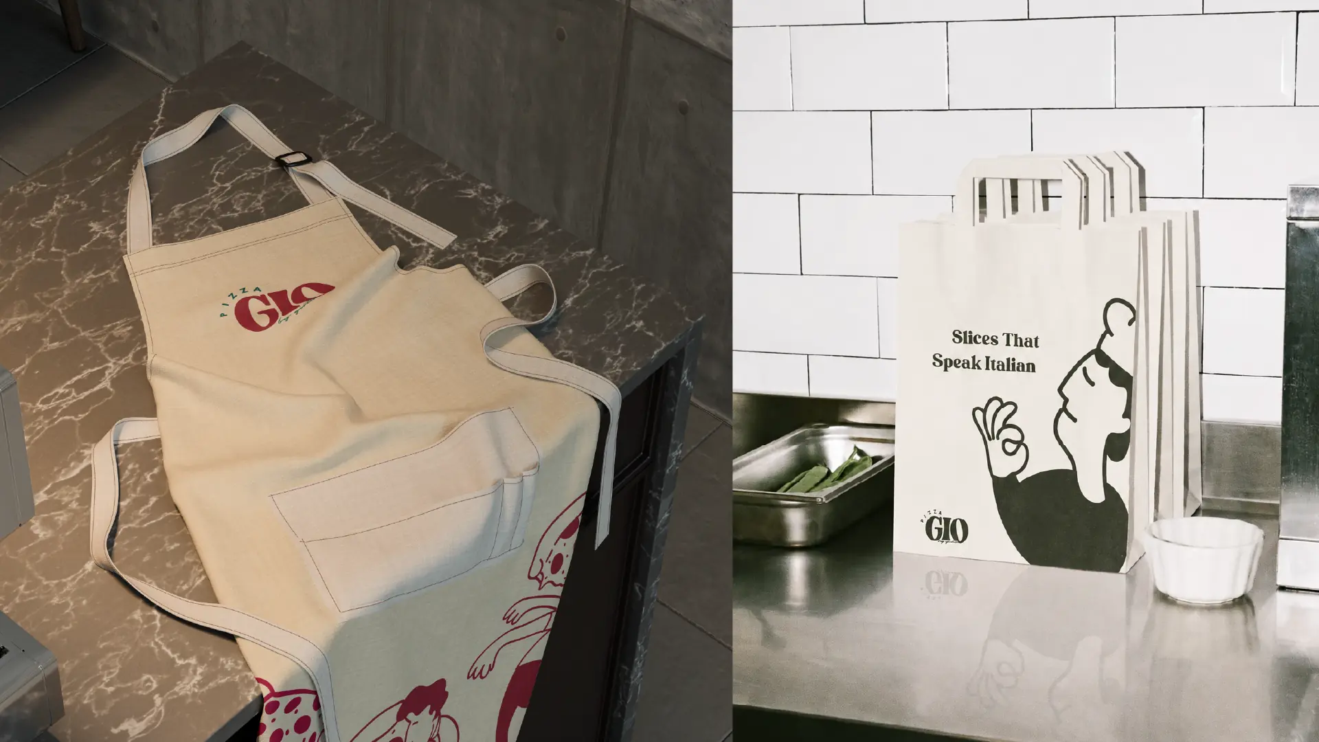 Pizza Gio branded apron and takeaway bags