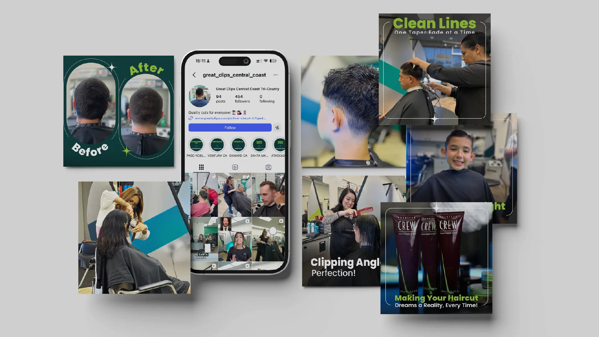 Great Clips Instagram profile mockup with before-and-after, clean-lines and salon photography posts