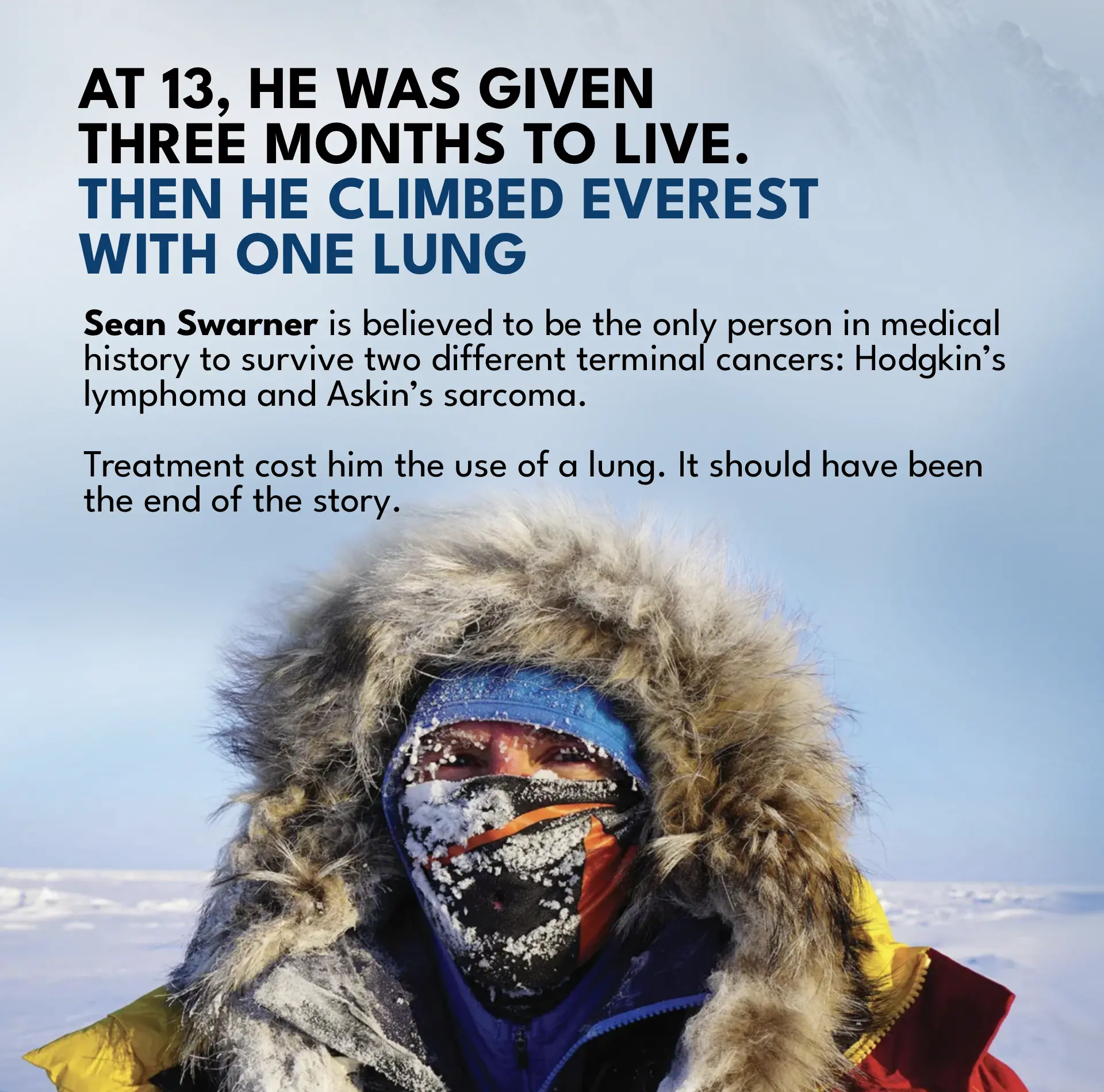 Sean Swarner’s cancer survival story and portrait in expedition gear