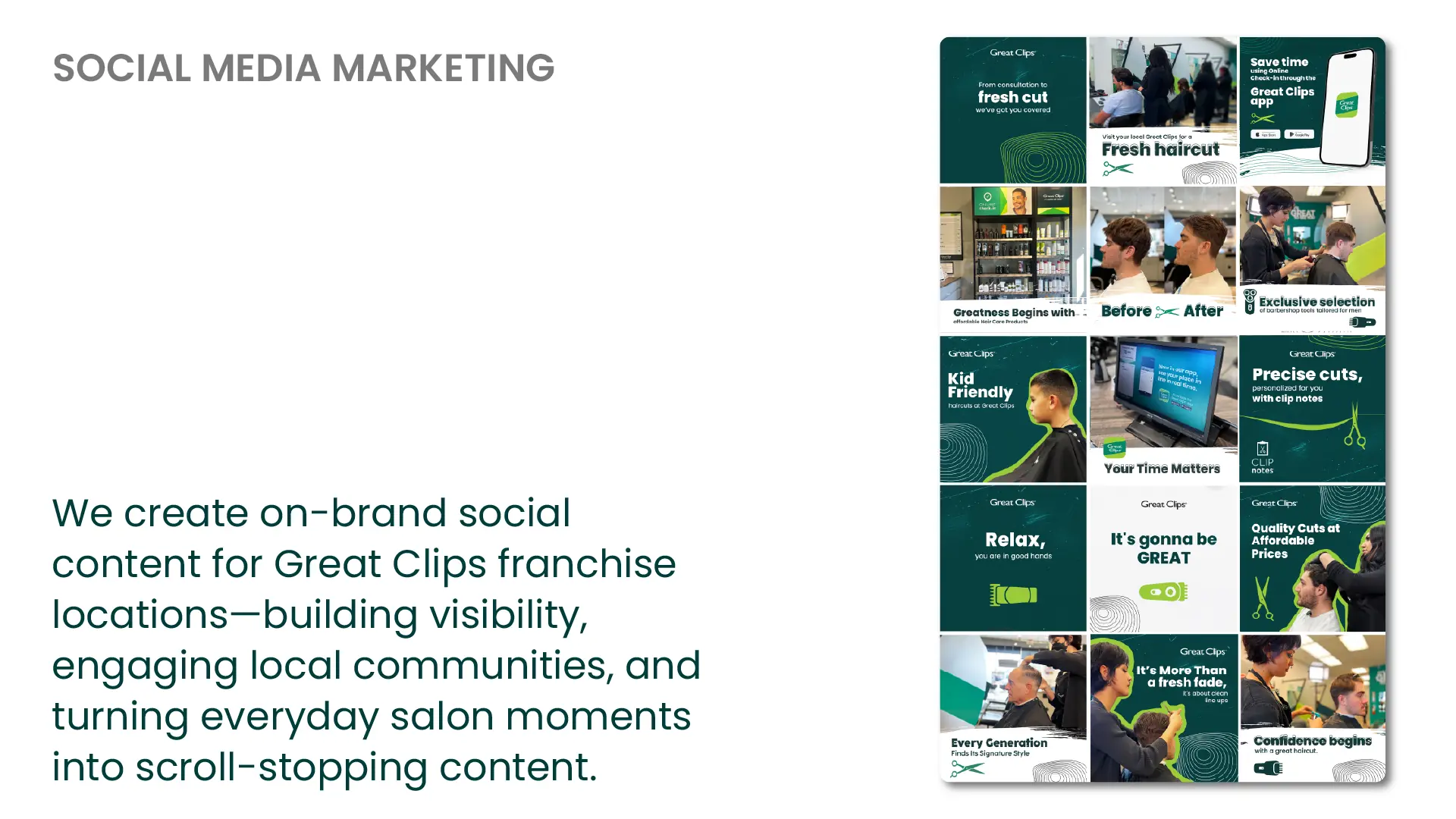 Social media marketing: on-brand Instagram feed created for Great Clips franchise locations