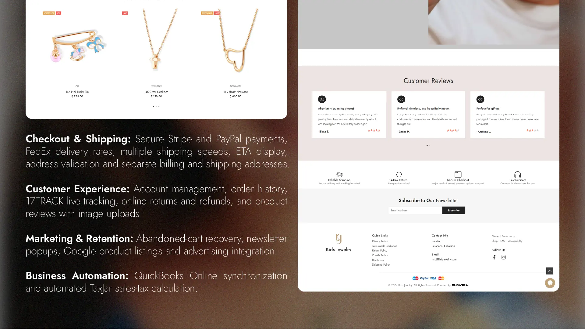 Kids Jewelry checkout, customer experience and marketing automation features