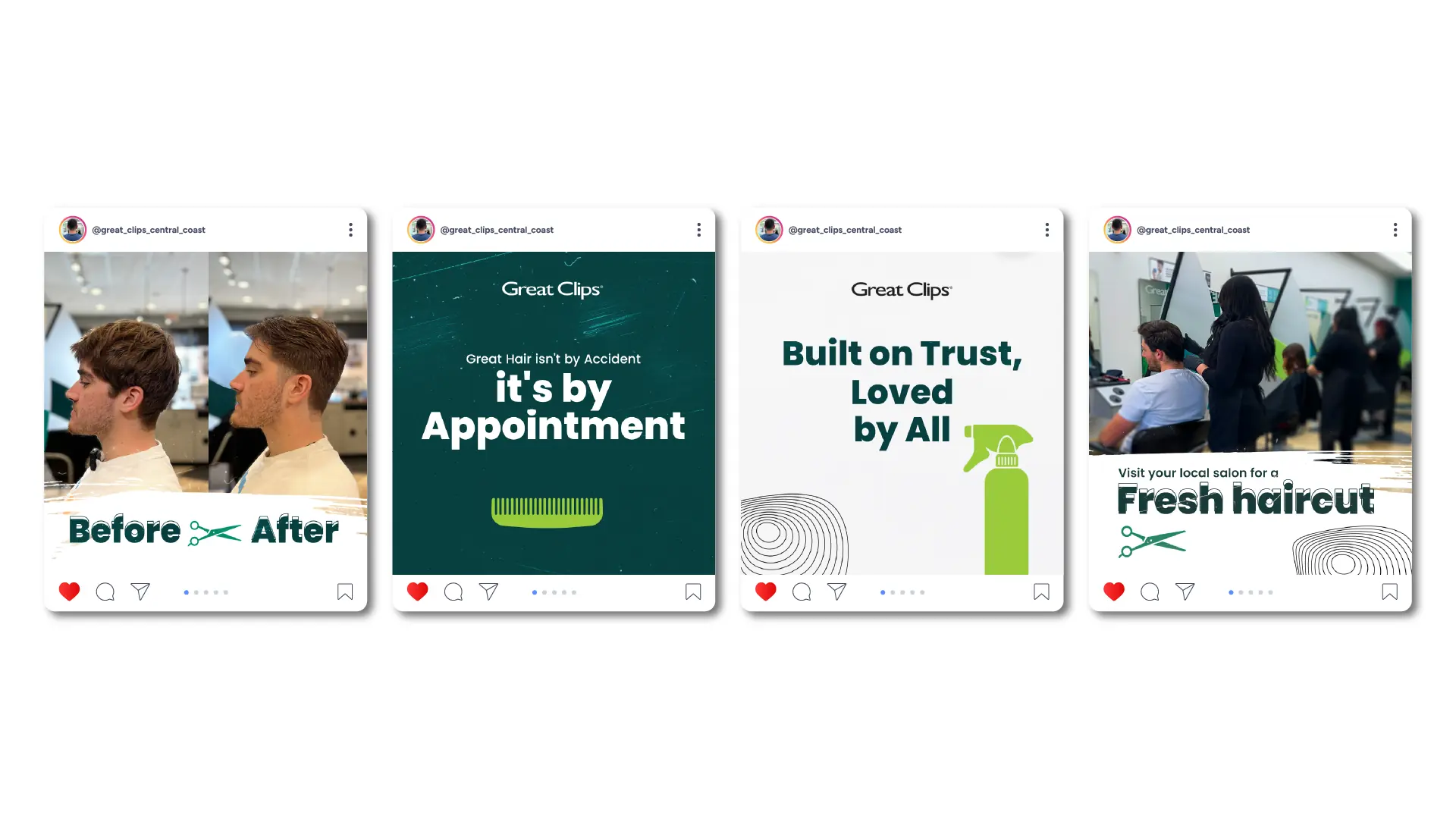 Great Clips social posts: before and after, by appointment, built on trust and fresh haircut