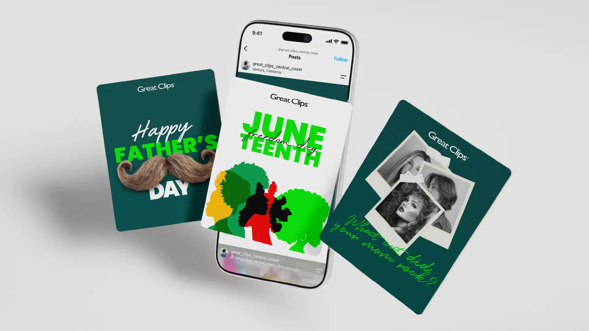 Seasonal Great Clips posts for Father's Day, Juneteenth and Mother's Day on a phone mockup