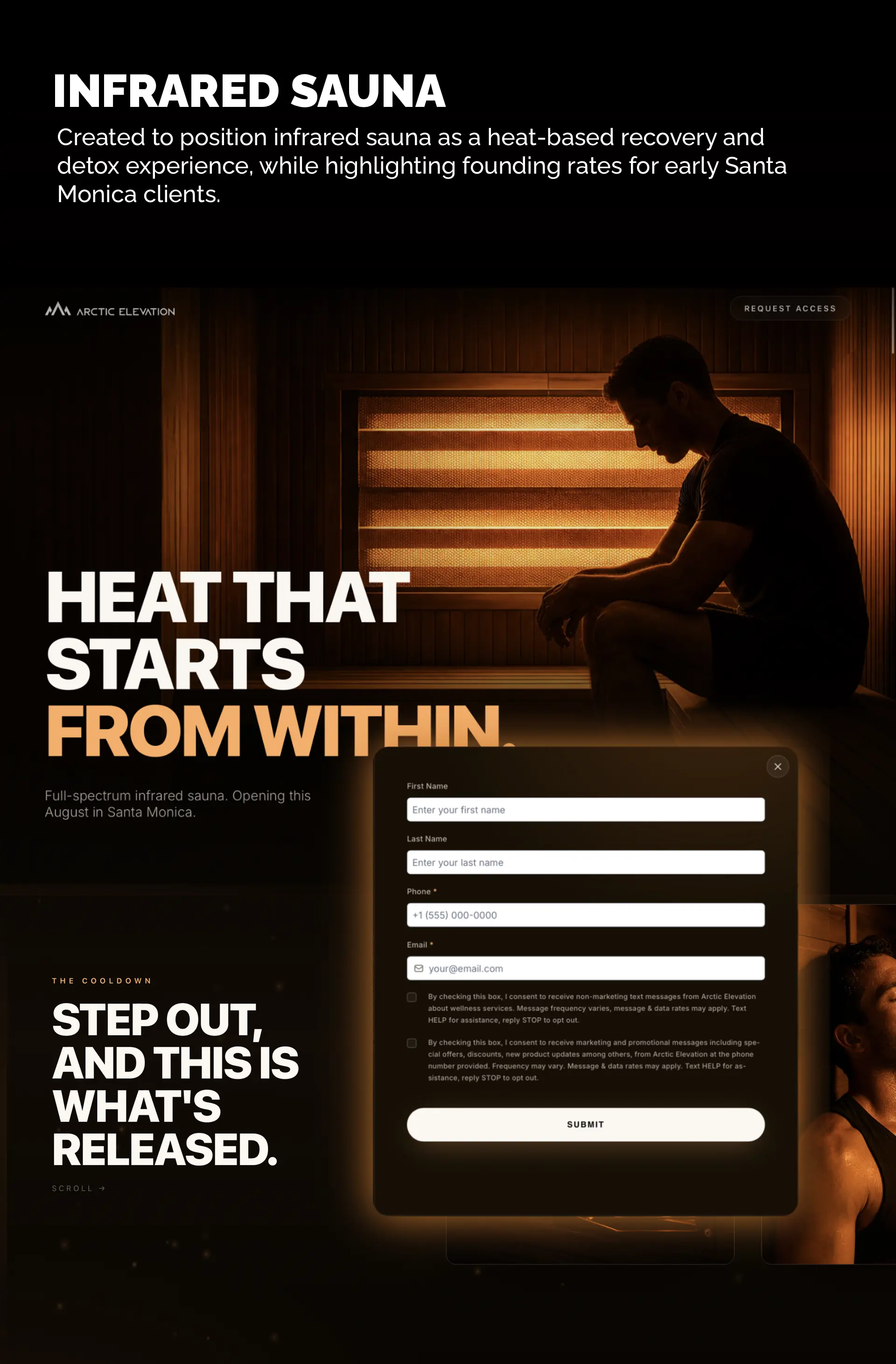 Infrared sauna landing page with an early-access request form