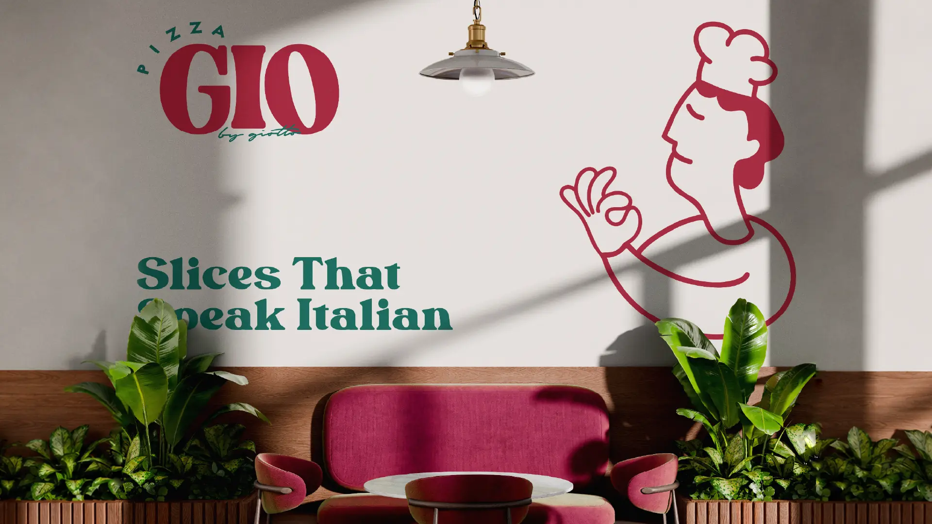 Slices That Speak Italian wall graphic in the Pizza Gio dining room