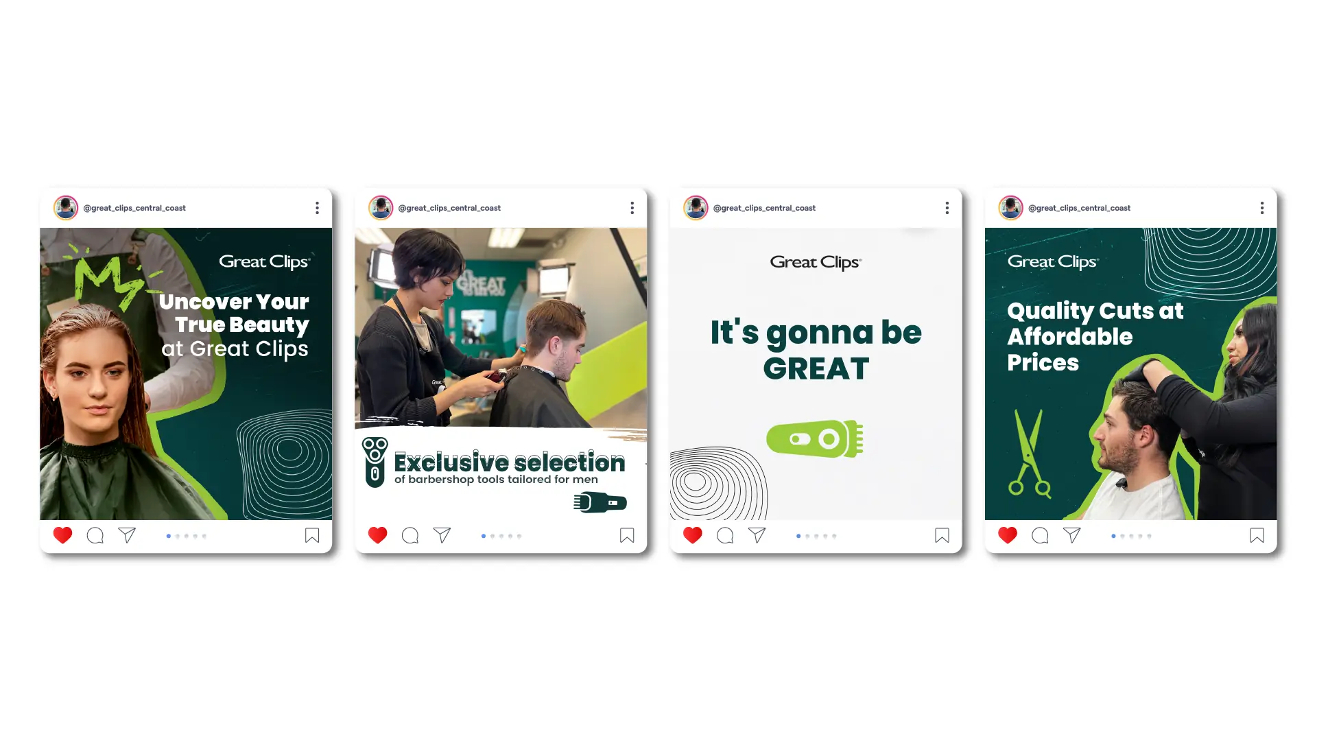 Great Clips social posts: Uncover Your True Beauty, exclusive barbershop tools, It's gonna be GREAT, quality cuts at affordable prices