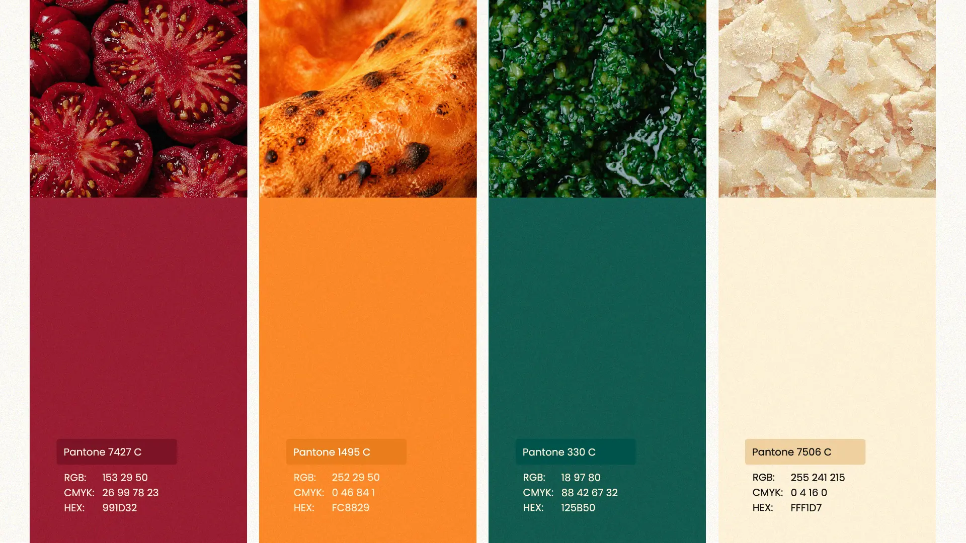 Pizza Gio colour palette with Pantone, CMYK and HEX values