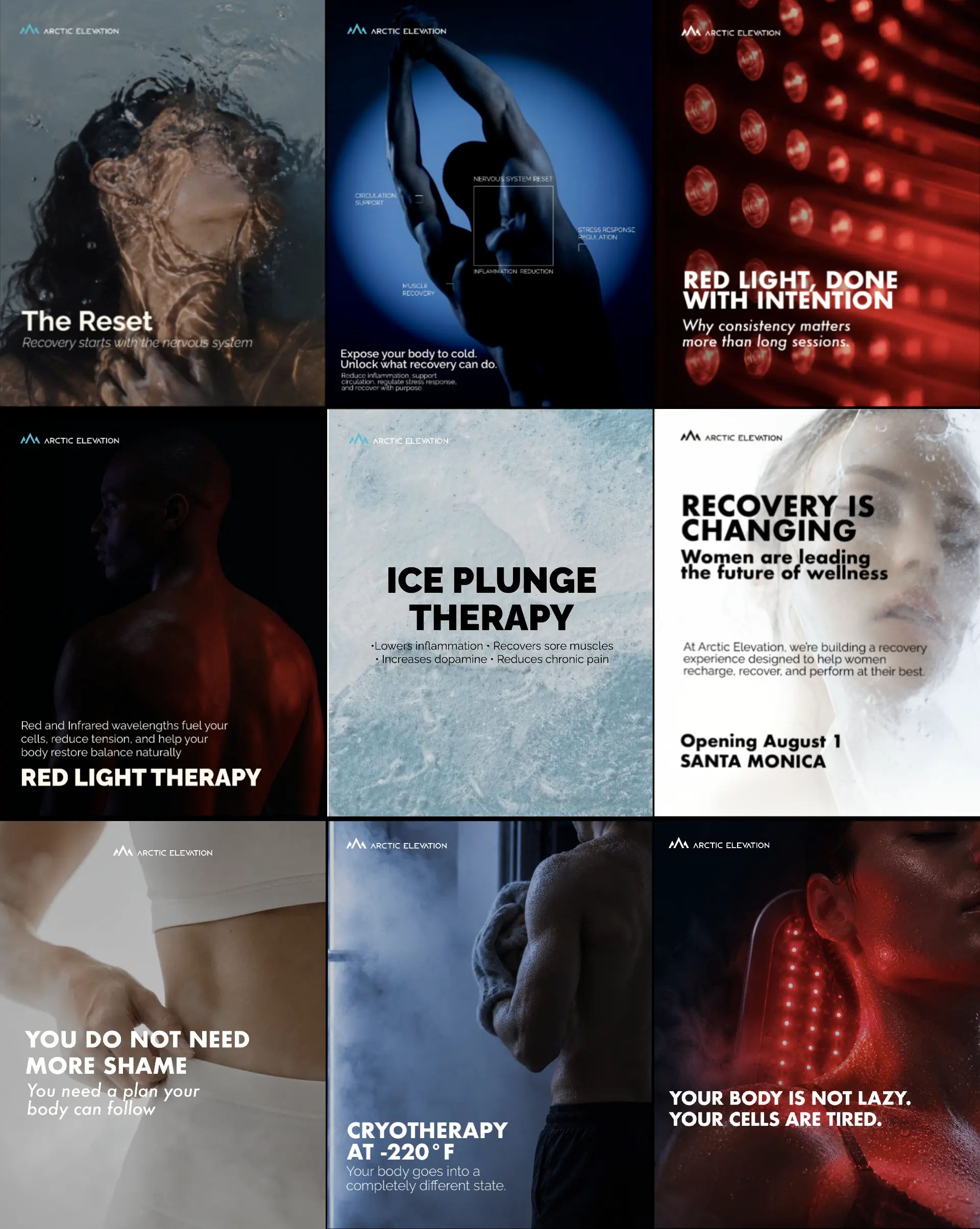 Arctic Elevation social media grid of nine recovery and wellness posts