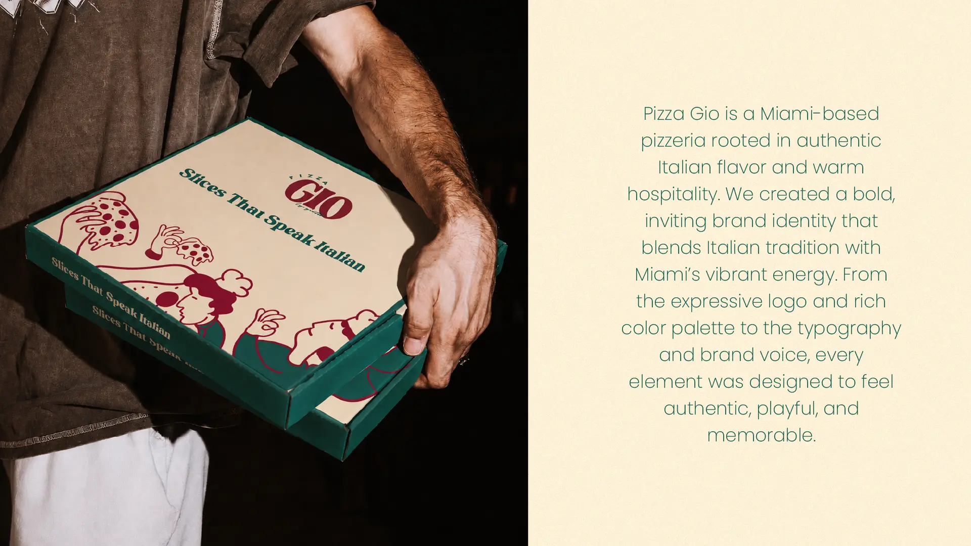 Pizza Gio branded pizza box carried by a server