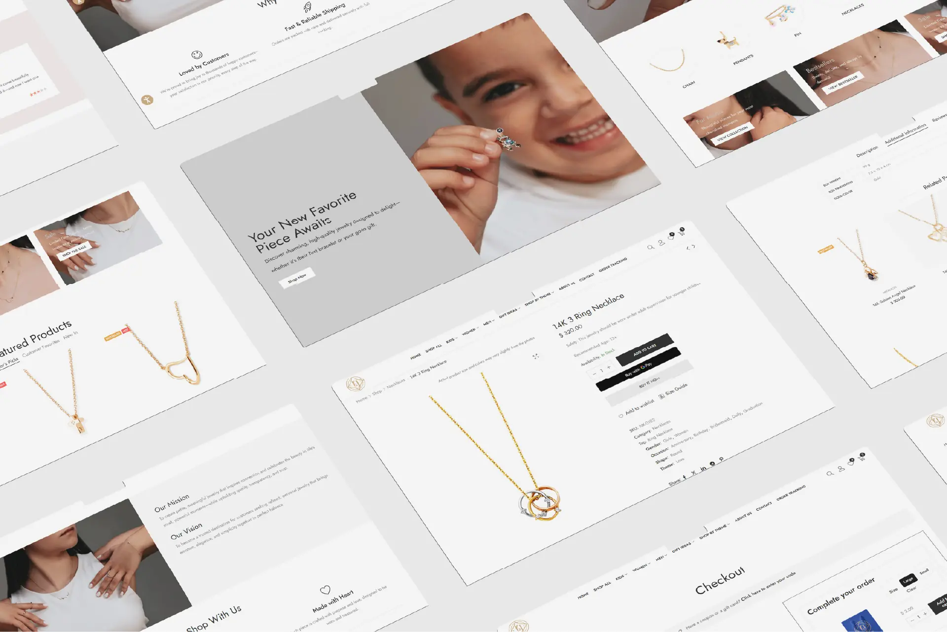 Kids Jewelry website screens across homepage, product, about and checkout pages