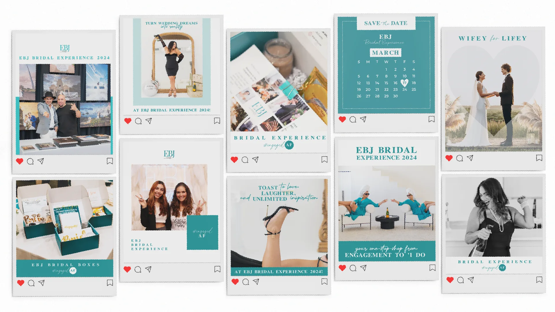 Grid of EBJ Bridal Experience 2024 social posts and save-the-date graphics