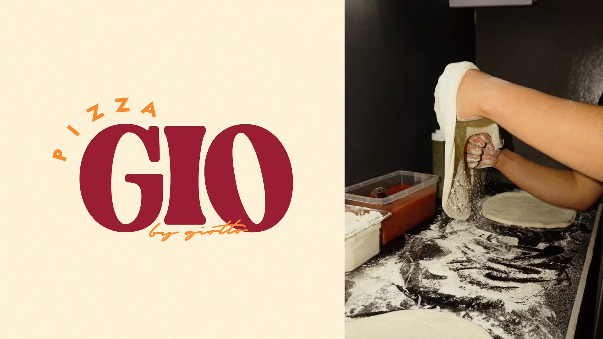 Pizza Gio primary logo lockup beside a pizzaiolo stretching dough