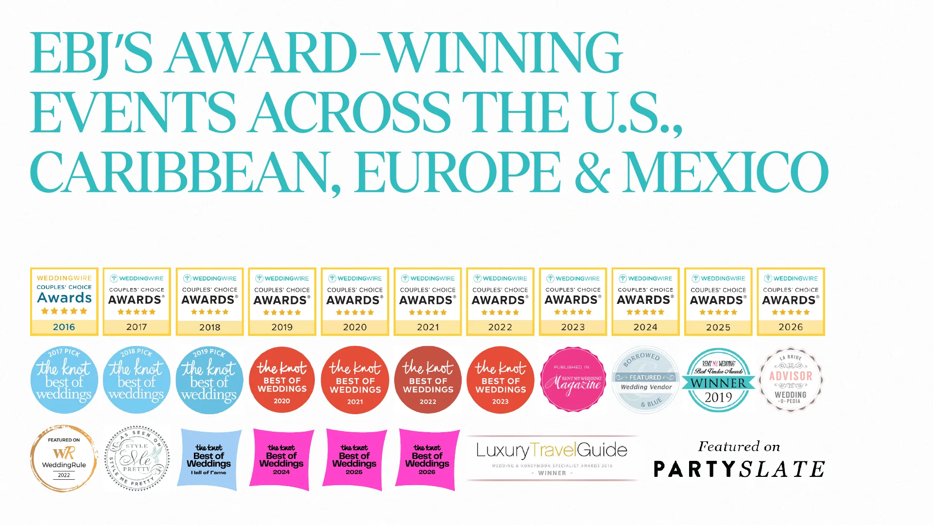 EBJ Events award badges from WeddingWire, The Knot and Luxury Travel Guide
