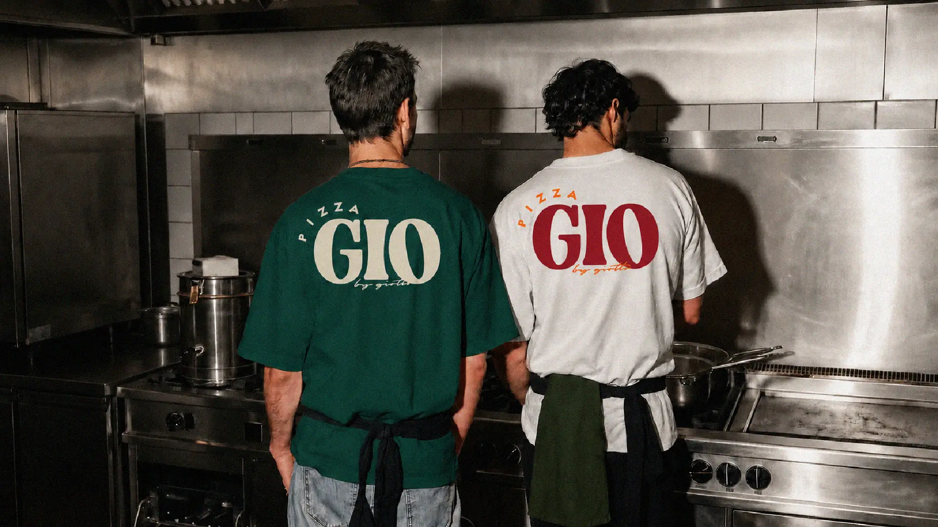 Pizza Gio staff t-shirts in green and cream