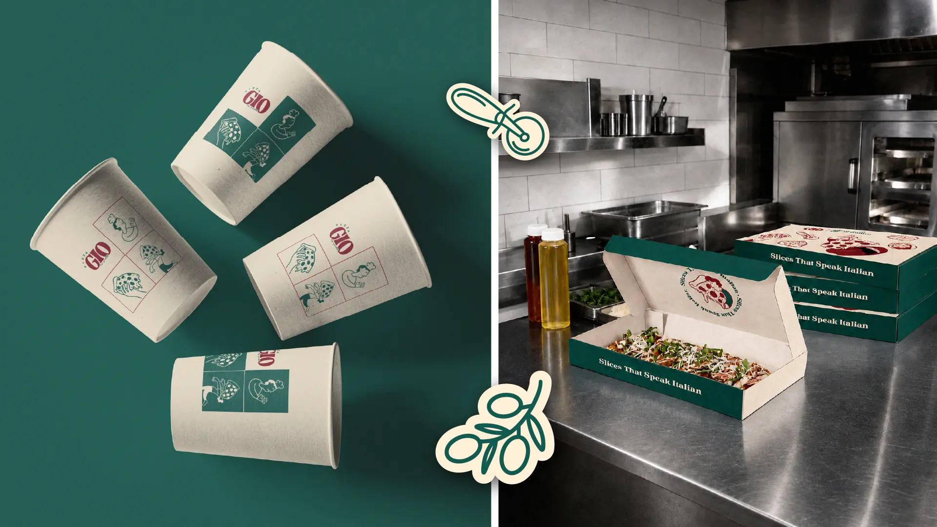 Pizza Gio branded cups and pizza boxes