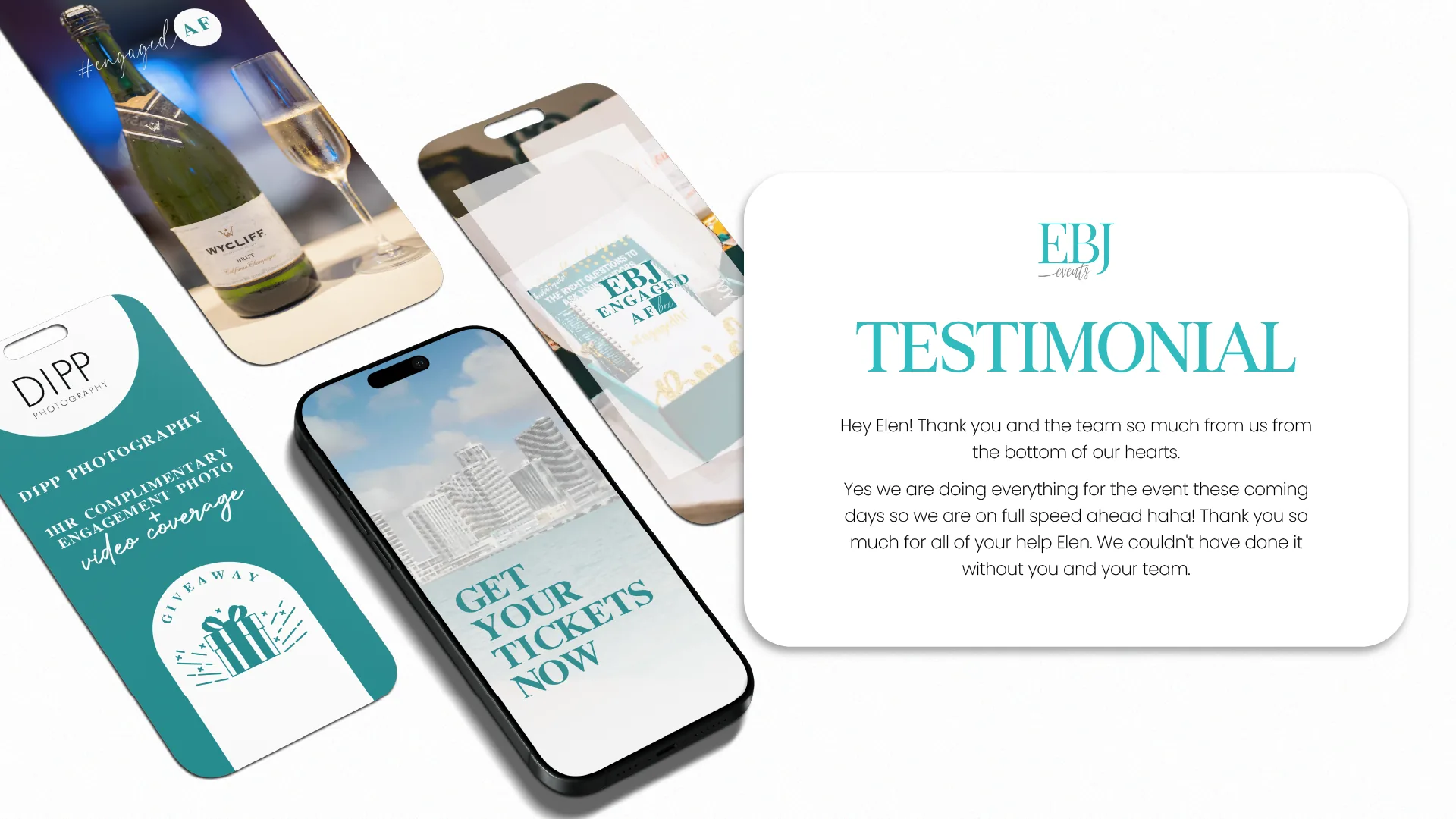 Client testimonial and vendor giveaway assets from the EBJ Bridal Experience campaign