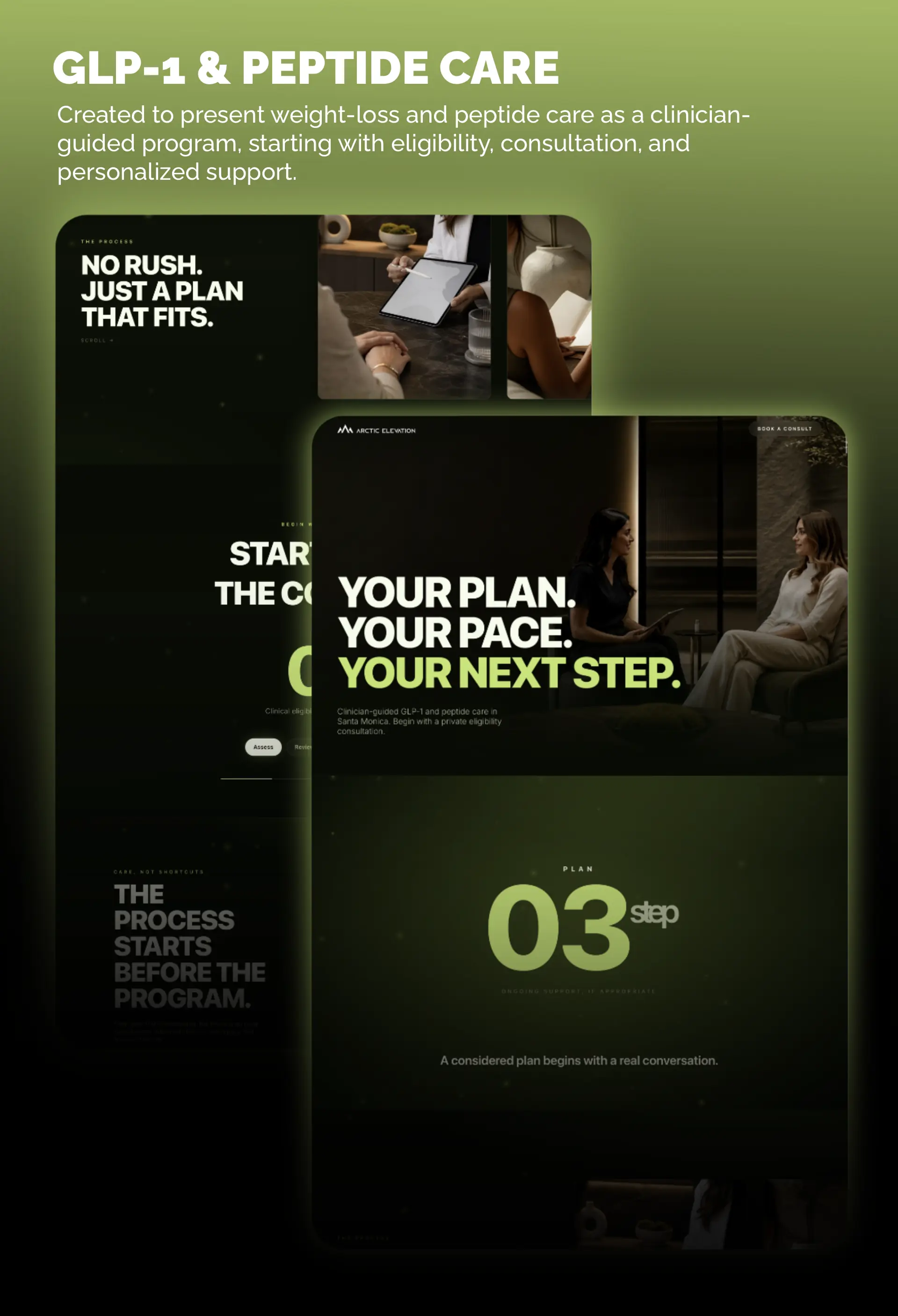 GLP-1 and peptide care landing page with clinician-guided eligibility steps